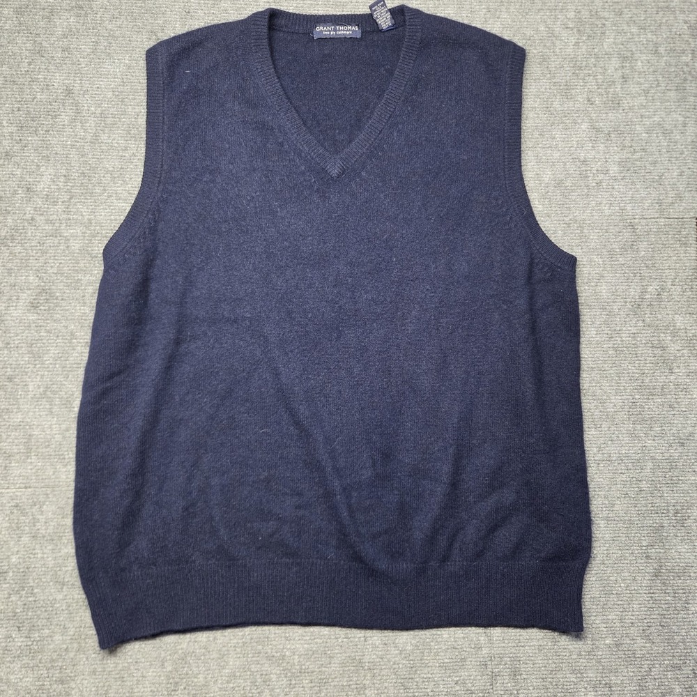 Grant Thomas Cashmere Sweater Vest Men's L Navy Blue Two Ply V-Neck Vtg Preppy